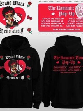 Bruno Mars Hello Kitty Graphic Hoodie Y2K Style Pop Culture Pullover Black